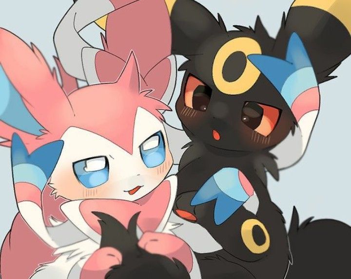 this is a cute anime illustration of gardevoir and uxie hugging each other. gardevoir is pink with white and blue accents and uxie is black with white, blue and yellow accents. they are both blushing and look happy to be together.