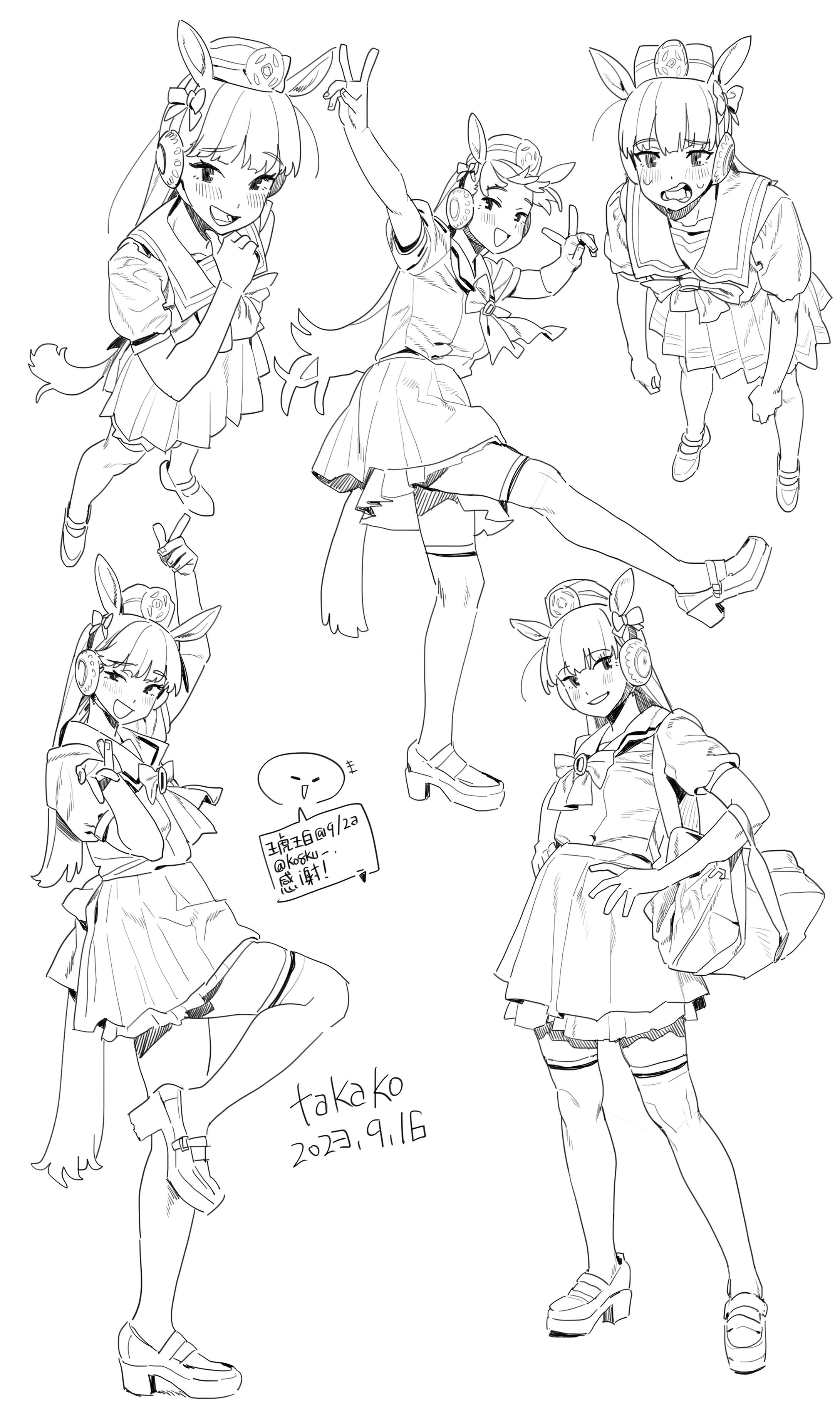 the image contains multiple black and white sketches of an anime girl wearing a school uniform with bunny ears and headphones. she is shown in various poses, including making a peace sign, smiling, and holding a school bag. the sketches are labeled with the artist's signature and date.
