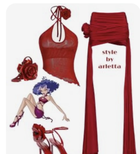the image showcases a vibrant red outfit styled by "arletta", embodying a bold and feminine aesthetic. a red halter top with a rose accent and a long, flowing skirt are the central pieces. the ensemble is completed with red roseadorned heels and a matching clutch. a cartoon illustration of a woman in a similar outfit adds a playful touch to the composition. the background is a clean white, allowing the vibrant red of the outfit to take center stage.