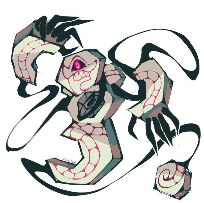 the image is a digital illustration of a stylized monster or creature.  it's primarily composed of geometric shapes, giving it a somewhat blocky appearance.  the creature has a central body with a menacing face featuring a single, glowing pink eye and sharp teeth.  it possesses multiple appendages resembling tentacles or claws, some of which end in sharp points.  the color palette is a mix of muted tones – beige, teal, black – with accents of bright pink, giving it a contrast of dark and whimsical feel. the lines are bold and expressive, and the overall style is somewhere between cartoonish and unsettling. the background is white, allowing the creature's design to take center stage. the artwork demonstrates unique and striking character design suitable for game art or fantasy illustration.
