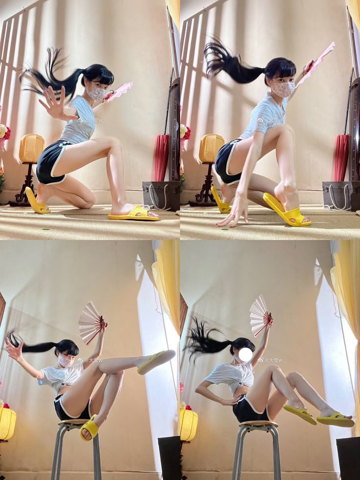 the image shows a woman wearing a mask, a white tshirt, and black shorts with white trim, and yellow slides. in the first two pictures, she is kneeling on the ground with her hands in front of her, one holding a fan. the ponytail is standing up. in the second two pictures, she is sitting on a stool with her legs extended. one hand is holding the fan, and the ponytail is standing up.