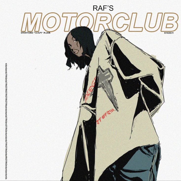 a black and white illustration of a woman wearing a beige jacket and blue jeans. the jacket has a large black cross on the back with the text "first off sin" written on it. the woman has long black hair and is looking down at the ground. the image has a grunge aesthetic. the words "raf's motorclub" are written in large letters at the top of the image.