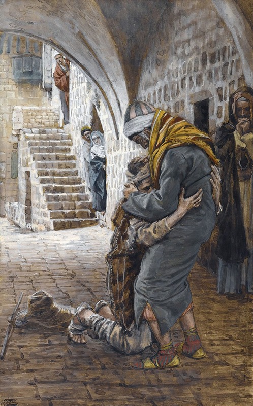 the image is a painting depicting the parable of the prodigal son. a man, presumably the father, is embracing his son who is kneeling before him. the father is dressed in a long grey robe and a yellow shawl, while the son is wearing tattered clothes and has bandages on his legs. they are in a middle eastern urban setting, with stone archways and stairs visible in the background. several people are watching the scene from the side and from higher levels. the painting conveys a sense of forgiveness, reconciliation, and tenderness. it appears to be a work in the style of james tissot, focusing on a religious scene with detailed depictions of clothing and architecture.