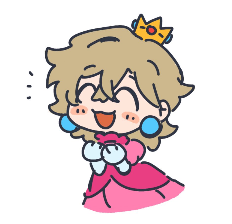a cute cartoon drawing of princess peach from the super mario franchise. she is wearing her signature pink dress and a crown and is smiling with her hands clasped together. she is looking up at the viewer.