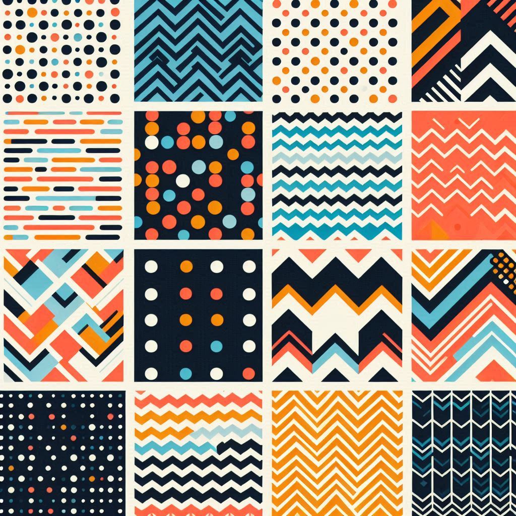 this image is a collection of 16 digital illustrations of seamless, geometric patterns. they feature dots, chevrons, and diagonal lines in various shades of orange, blue, black, white, and cream. each square pattern is uniquely designed, but they all share a cohesive aesthetic through their shared color palette and simple, graphic style.  these patterns evoke a sense of modernism and would be wellsuited for use in graphic design, web design, or as backgrounds for other creative projects.