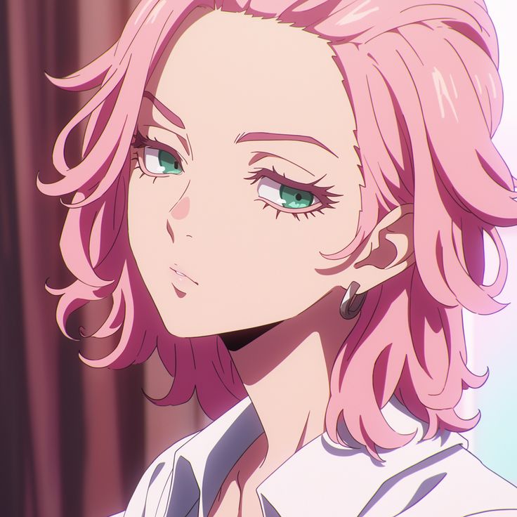 the image is a closeup, stylized animestyle portrait of a young woman. she has short, wavy pink hair, striking green eyes, and is wearing a white collared shirt. the art style is modern and clean, with a focus on soft shading and vibrant colors. the expression on her face is subtle and slightly pensive.  the overall aesthetic is stylish and fashionable.