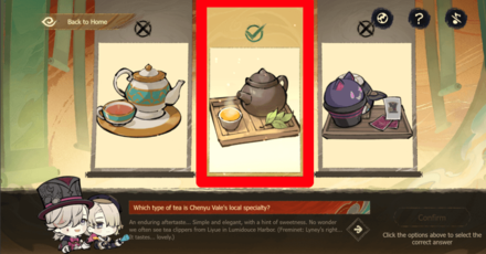 this is a screenshot from genshin impact, it is part of a quiz asking the player to choose the correct tea that is chenyu vale's local specialty. the player can choose from 3 different teapots: one with ornate gold and blue accents, one with a more plain, earthy brown teapot, and a black teapot with white accents. the correct answer is highlighted in red.