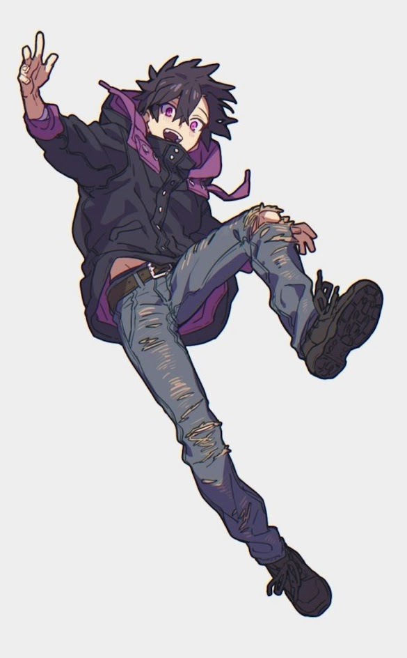 this is an illustration of an anime character, a young male, wearing purple and black attire,  with ripped jeans and black shoes, he's in a casual, cool pose.