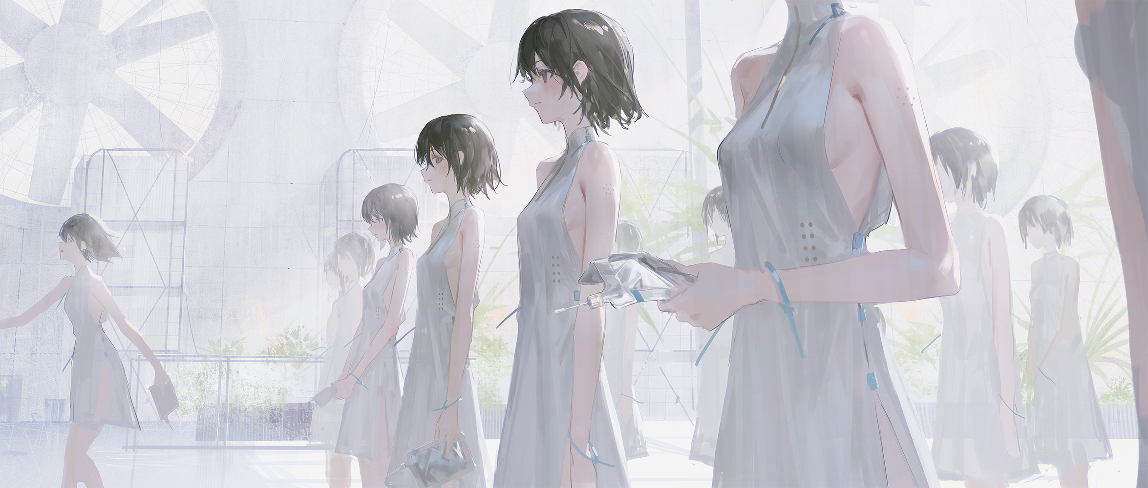 he image is a digital painting or illustration featuring several animestyle girls.  they appear to be dressed in identical lightgrey, sleeveless dresses and have short, dark hair. some of the girls are walking, others are standing.  one girl in the center is holding what looks like a medical iv bag. the background depicts a futuristic, almost sterile cityscape with a large fan structure visible. the overall style is soft, ethereal, and slightly blurry, creating a calm and peaceful atmosphere. the color palette is predominantly pale whites, greys, and light blues. the illustration has a minimalist and subtle style.
