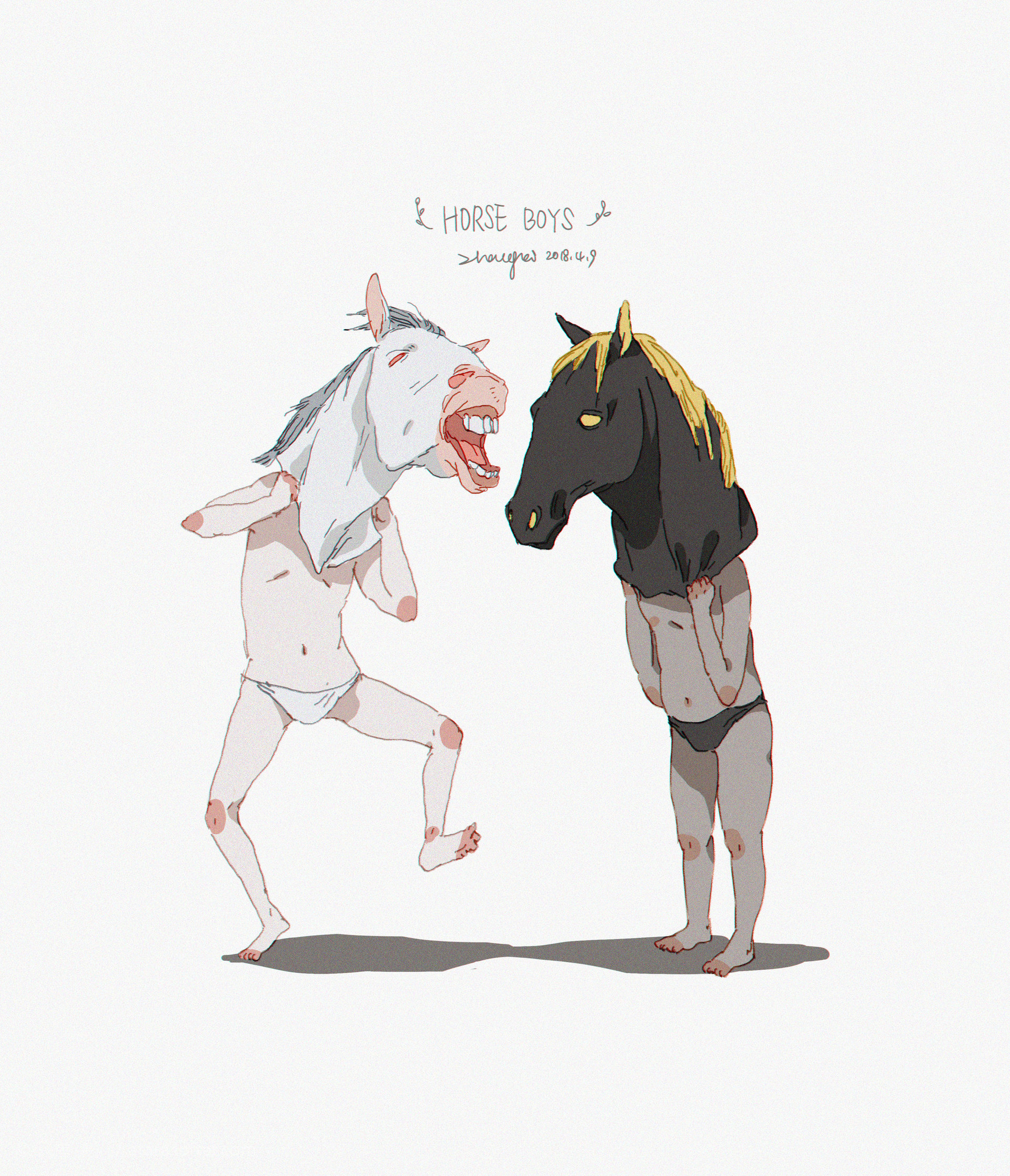 two boys, one wearing a white horse head and the other wearing a black horse head, are standing in front of a white background. both boys are wearing underwear and are looking at each other. the boy with the white horse head is smiling, while the boy with the black horse head is looking down. the art style is simple, cartoonish, and cute. the boys are both drawn with simple, rounded lines. the colors are bright and cheerful.  the image is titled "horse boys" with the date "2018.4.9" underneath. the artist's name is "dragons" and is written in a stylized font.