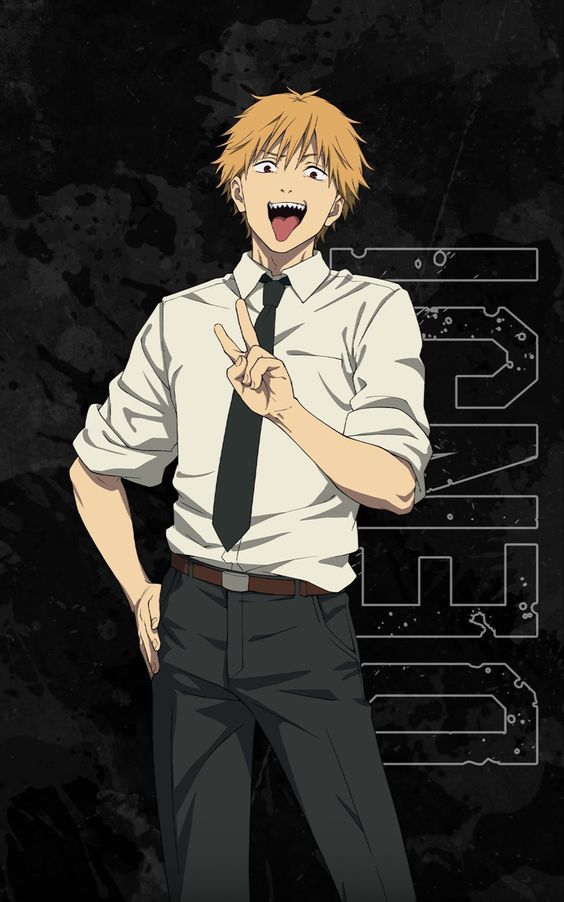 an anime boy stands against a black background with a graphic design behind him. he has short orange hair, sharp teeth, and is grinning widely at the viewer while giving a peace sign. he wears a white buttonup, black pants, and a black tie.