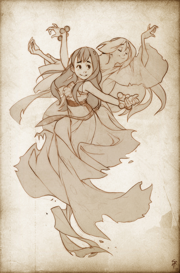the image showcases a beautifully rendered sketch of two female figures. the woman in the foreground is drawn with more detail and commands the viewer's attention. her long hair flows around her as she appears to be middance or floating, her dress billowing dramatically. the second figure in the background mirrors her pose but is drawn with less detail, giving the impression of a spirit or echo. the overall feeling of the artwork is one of grace, elegance, and ethereal beauty.
