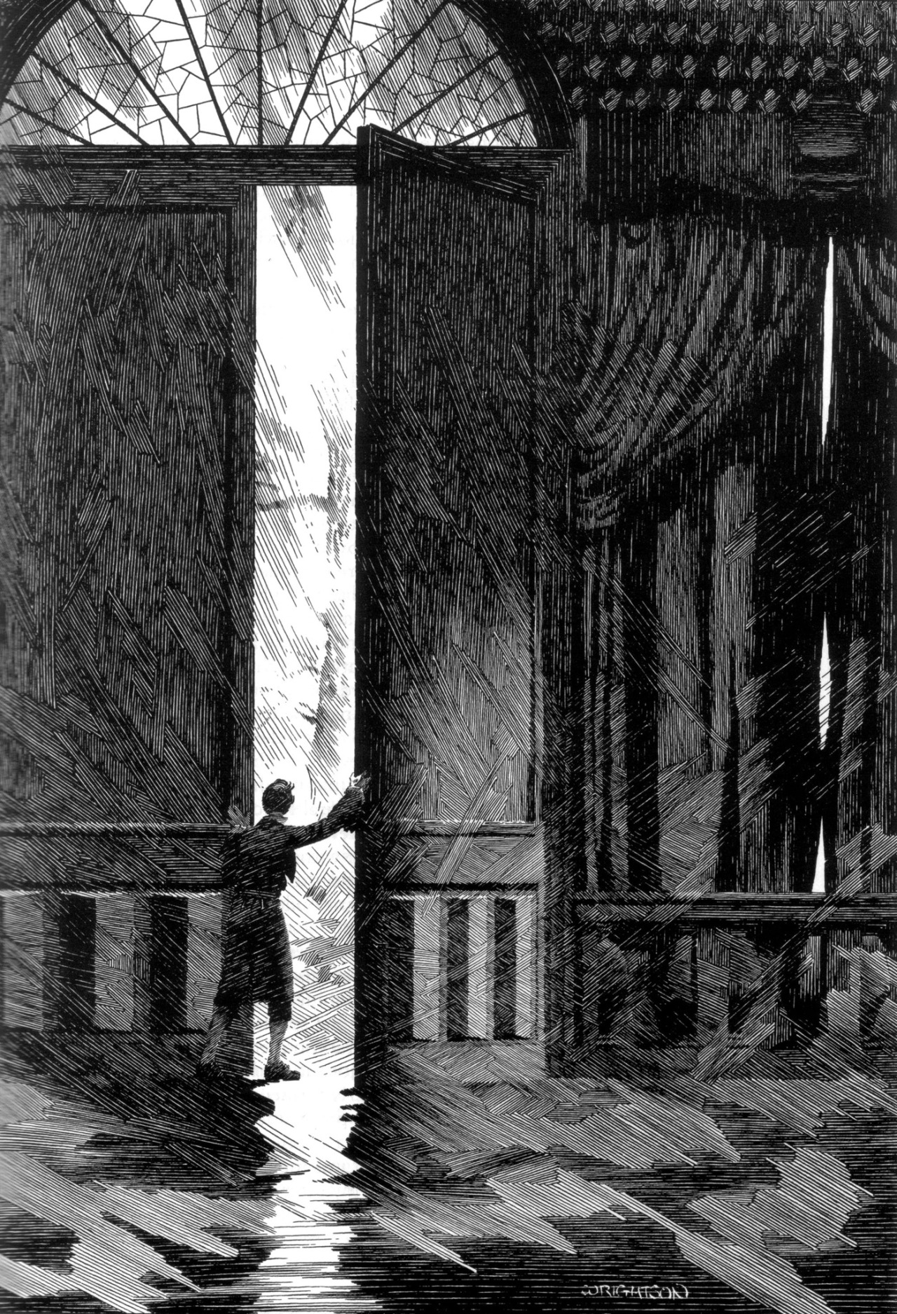 the image is a black and white illustration of a man opening a large, imposing door. the door opens inward, revealing a glimpse of a bright, rainy street scene. the man is silhouetted against the light, his back to the viewer. he is dressed in period clothing, suggesting a historical setting. the room he is in is dimly lit, with heavy curtains and a patterned floor. the overall mood of the image is one of mystery and suspense, as if the man is about to step into the unknown.