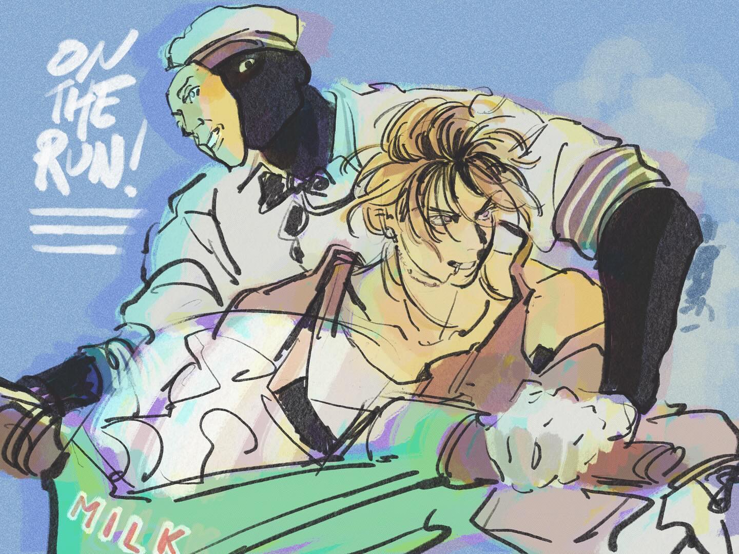 this is a digital illustration of two men in a manga style. one is a man wearing a white shirt with black stripes, a white hat, and has a black face. the other is a man wearing brown clothing with blond hair, he appears to be looking directly at the viewer. the men appear to be escaping with a large carton of milk.  the background is light blue and is also drawn in a stylized, impressionistic way.  the words "on the run!" are written in large, bold letters across the top left of the image.