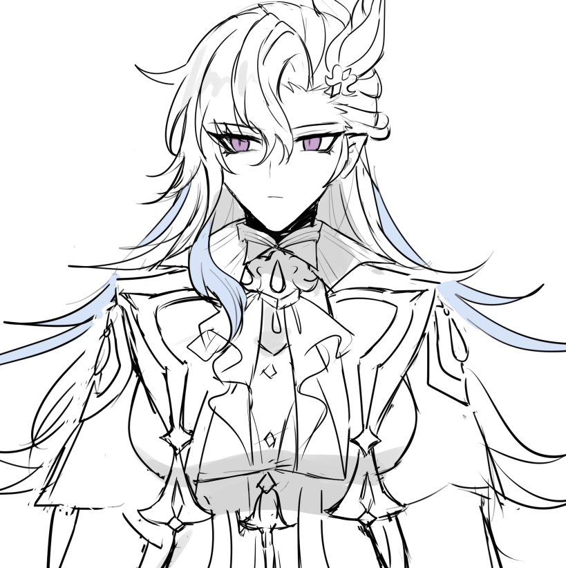 a sketch of an anime girl with long white hair and blue eyes. she is wearing a white dress with blue accents. the sketch is done in black and white.