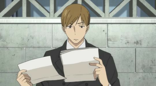 this is a depiction of a young male character with brown hair. he is wearing a formal suit and a white shirt. he appears to be serious, contemplative and focused as he reads through stacks of paperwork. he is positioned in front of a plain grey brick wall, highlighting the focus on him. this image evokes a sense of quiet determination and focus.
