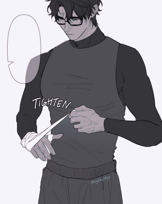 the image is a stylized monochrome illustration or drawing of a male anime/manga character. he appears to be athletic, possibly a boxer, as indicated by the hand wraps he's carefully tightening.  he's wearing a darkgrey sleeveless shirt over a turtleneck, dark pants, and glasses. the character has a serious and focused expression. the art style is clean and detailed, with a focus on the character's hands and the texture of his clothing. the word "tighten" is written across the image, possibly indicating the action he is performing.  the artist's signature, "longdaultego," is subtly placed near the bottom. the overall mood is serious and intense.