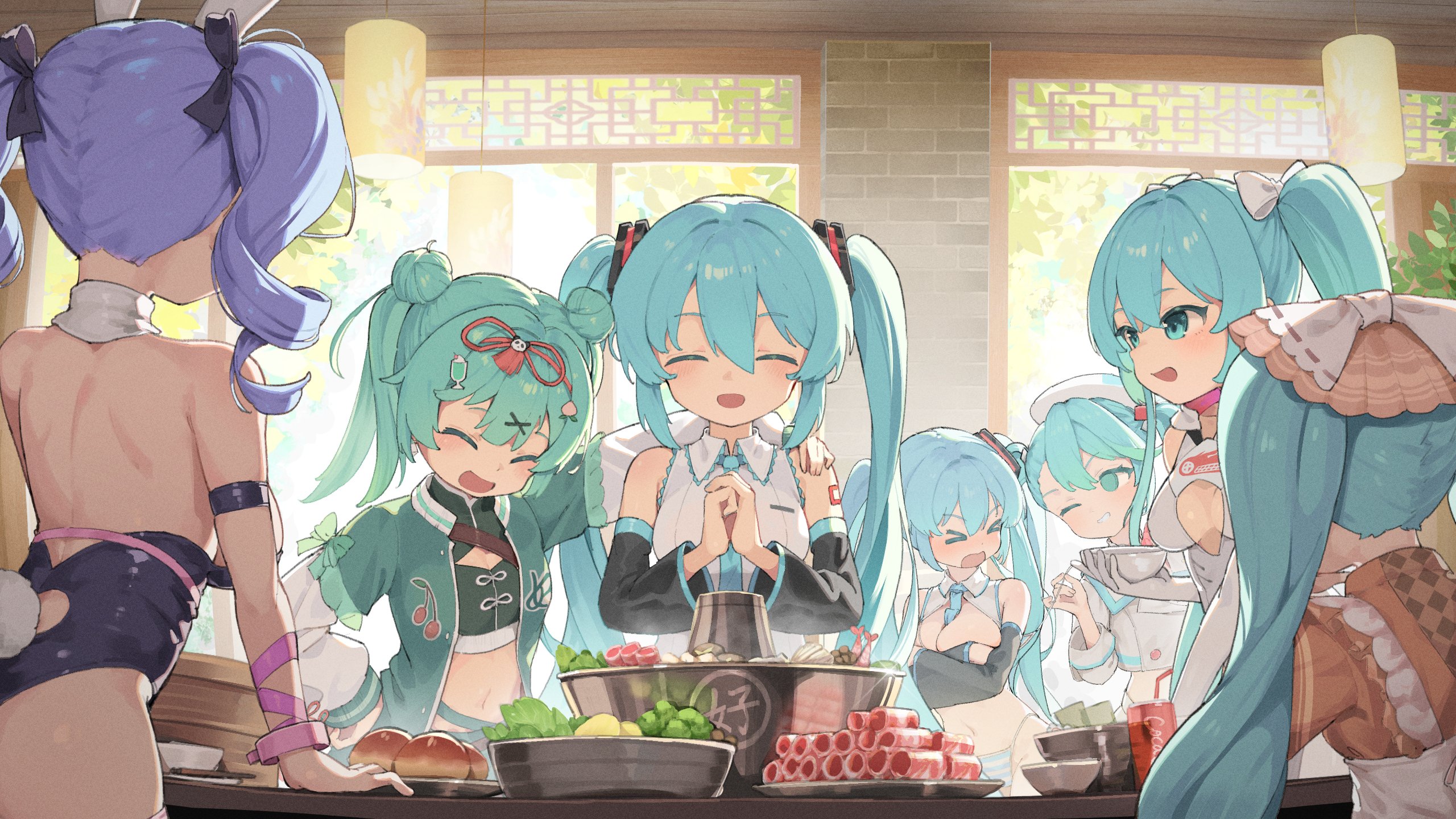 vibrant illustration showcases a group of anime girls, reminiscent of hatsune miku, gathered around a steaming hot pot.  the girls, each with distinct pastelcolored hair, cheerful expressions, and unique outfits, exude a kawaii aesthetic. the setting appears to be a traditional chinese restaurant, complete with warm lighting and ornate window designs. the overall mood is lively and convivial, suggesting a joyful dinner party among friends. one girl in the background wears bunny ears, adding a touch of whimsy. the scene is richly detailed, with attention paid to the textures of clothing and food, making it a captivating piece of anime fanart.