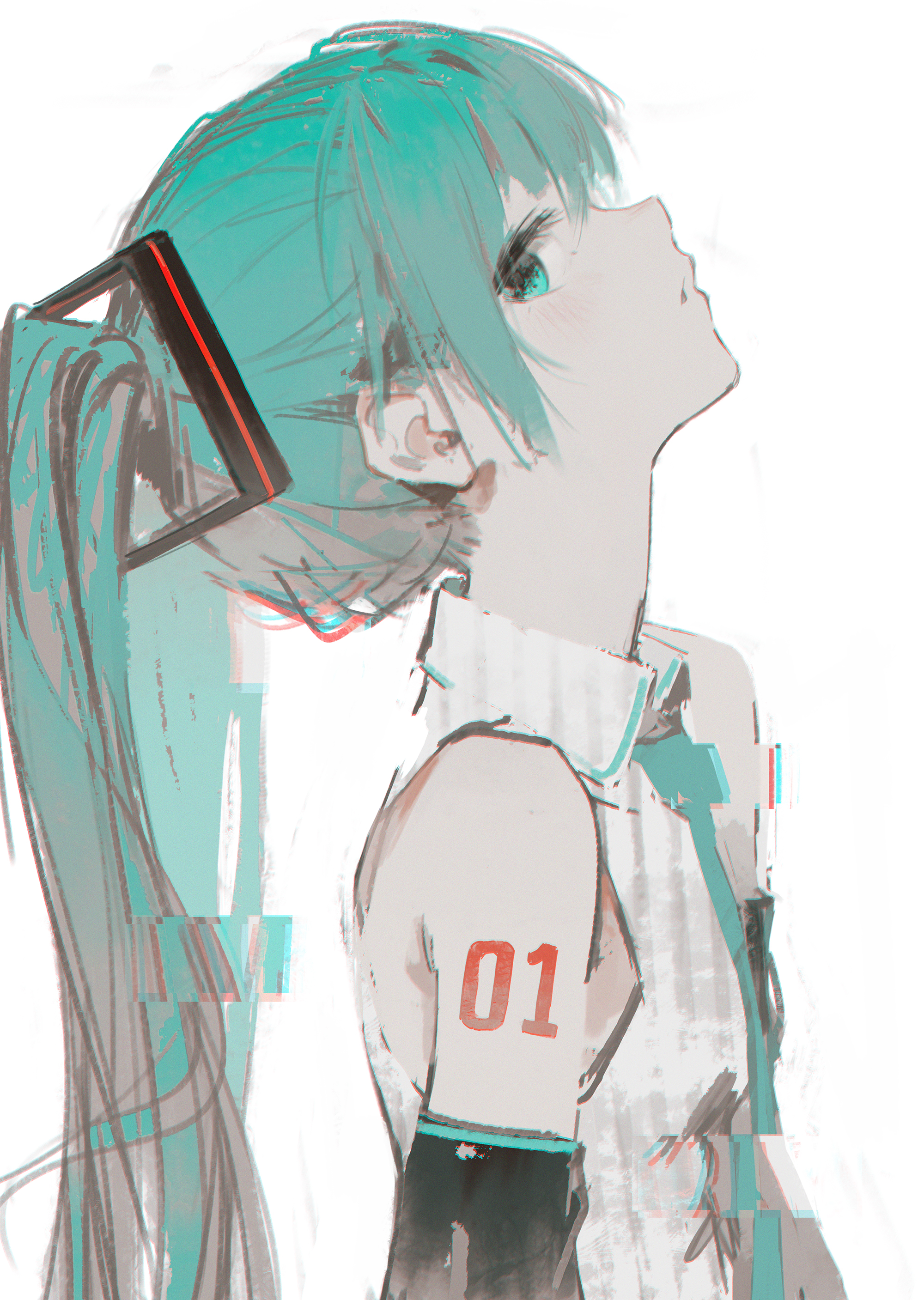 a digital illustration of a girl with long green hair, blue eyes, and a white shirt with the number 01 on her arm. she is looking up and her hair is pulled back in a ponytail.
