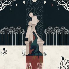 the image depicts a tall, slender white marble sculpture of a veiled woman holding a wilting bouquet of flowers, standing on an elaborate red and gold pedestal. a dark, cloaked figure kneels at the base of the sculpture, their face hidden in their hands. the background is a dark forest with bare trees silhouetted against a night sky with a full moon and crescent moons on either side. the ground is covered in snow, which transitions into a white background at the bottom of the image.  stylized flowers appear on each lower corner of the image.