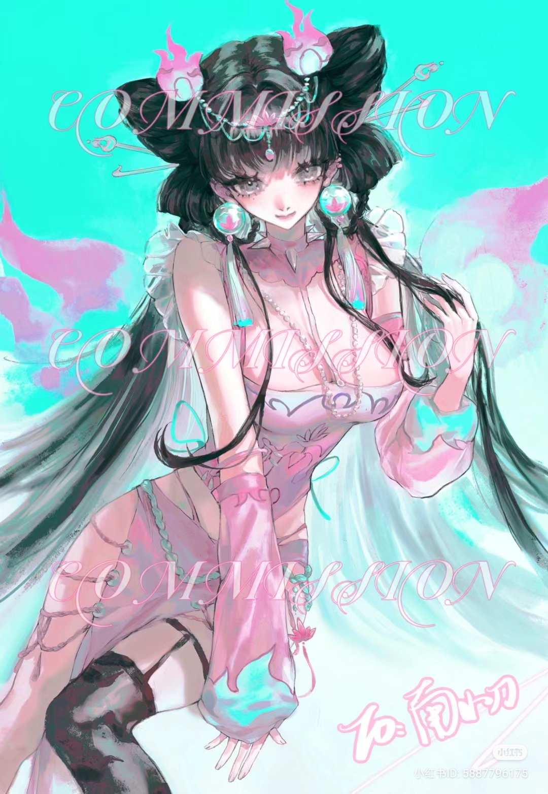the image features a digital artwork of a young woman with long black hair styled with pink flameshaped ornaments. she has large eyes, delicate features, and is wearing a revealing pink and white outfit with a fantasy theme. she has large, translucent wings reminiscent of a butterfly or fairy. the overall style is reminiscent of anime and manga. the color palette is soft and dreamy, dominated by pinks, blues, and whites. the background is a solid turquoise color. a watermark reading "commission" is present across the image.