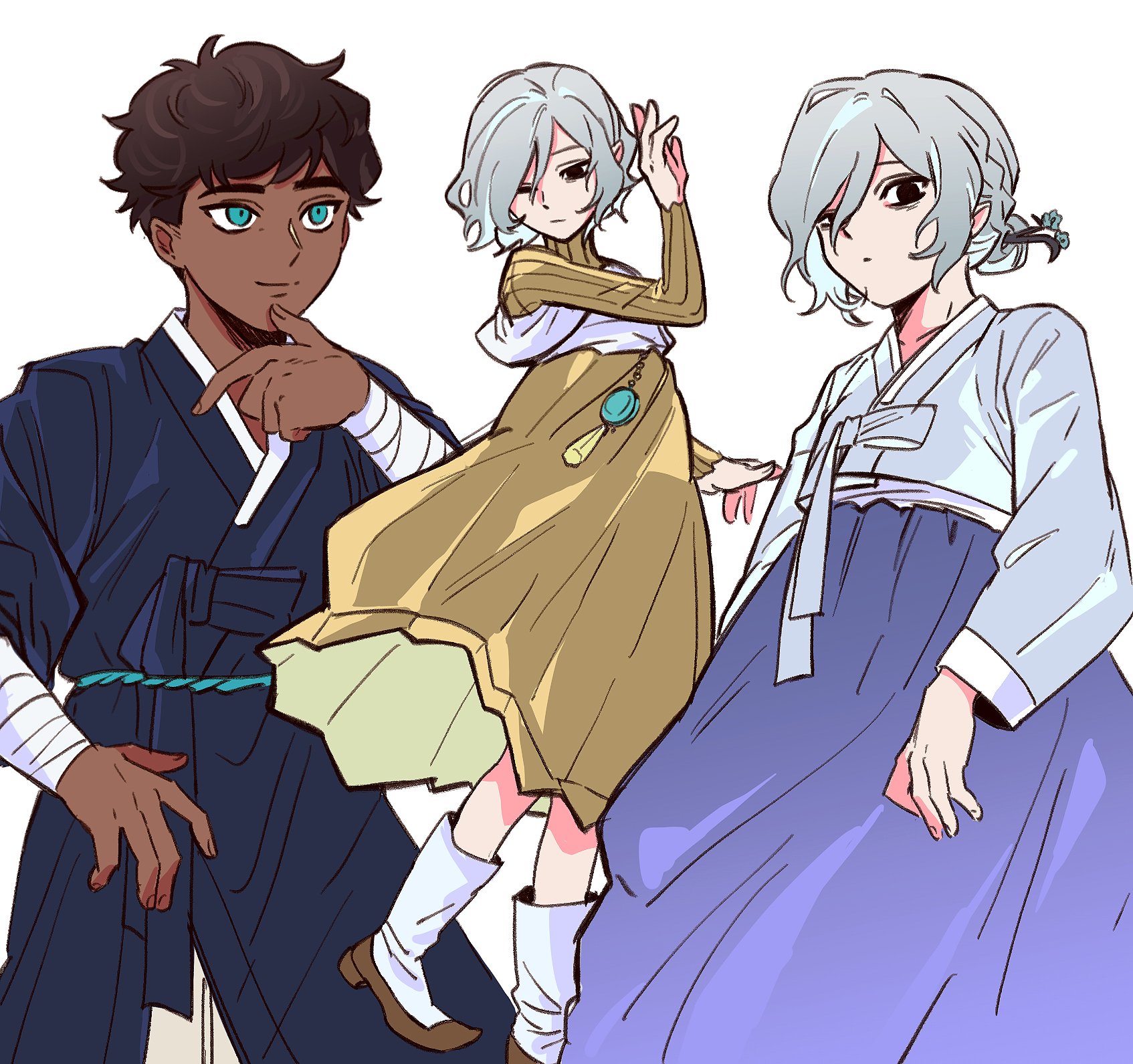 he image is an animestyle illustration featuring three characters, two female and one male, each dressed in distinct styles of clothing. the female character on the left wears a mustardyellow hanbokstyle dress with a lightgreen underlayer.  she has short, gray hair and is in a slightly posed stance. the female character on the right is dressed in a lavendercolored hanbok with a lighter top, her hair is also short and gray. the male character on the left is dressed in a dark blue traditionalstyle robe, and he has short, dark brown hair and brown skin.  the background is plain white, focusing attention on the characters and their clothing. the art style is clean and expressive, with clear lines and vibrant colors.