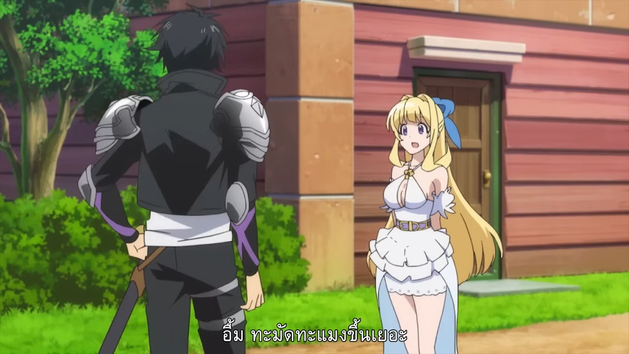 he image shows a man and a woman standing outside a building. the man is wearing black and purple armor and has a sword on his back. the woman is wearing a white dress and has blonde hair. they seem to be in a conversation, with the woman appearing surprised. the scene is bright and colorful, suggesting a lighthearted adventure or fantasy setting. the architecture of the building suggests a quaint village setting.