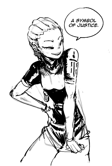 a black and white drawing of an anime girl in a comic book style. the girl is standing and posing with her hand on her hip. she is wearing an outfit with a tattoo on her arm. a speech bubble above her head reads "a symbol of justice."