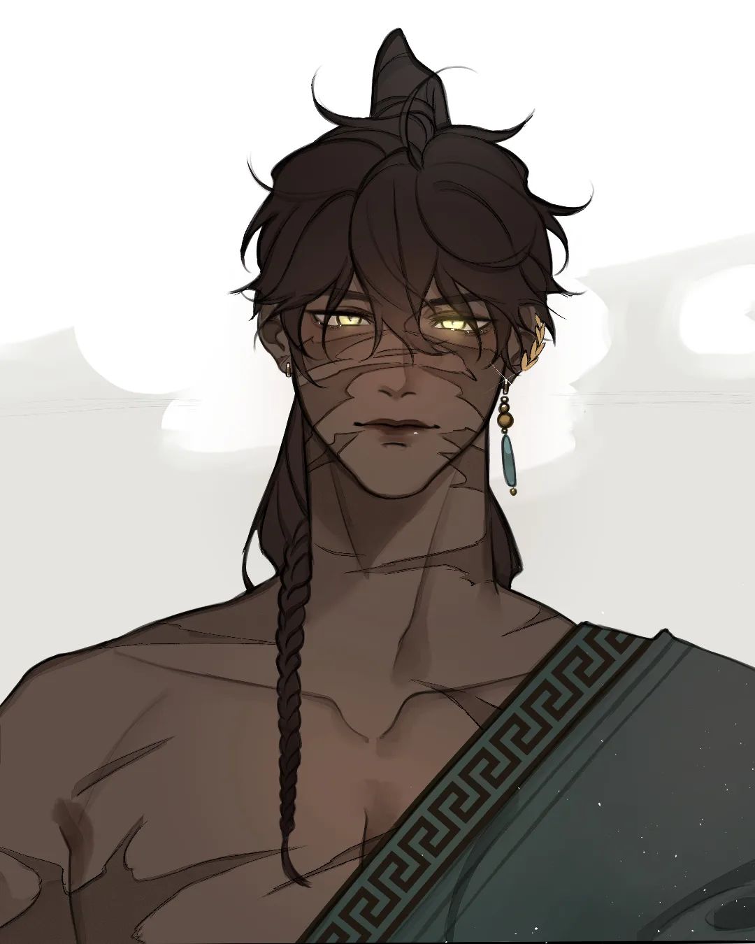 the image shows a bust portrait of a young man with tan skin and long dark hair styled in a single braid. he has glowing yellow eyes and three scars on his face. he is wearing one earring and a green garment with a greekinspired meander pattern.
