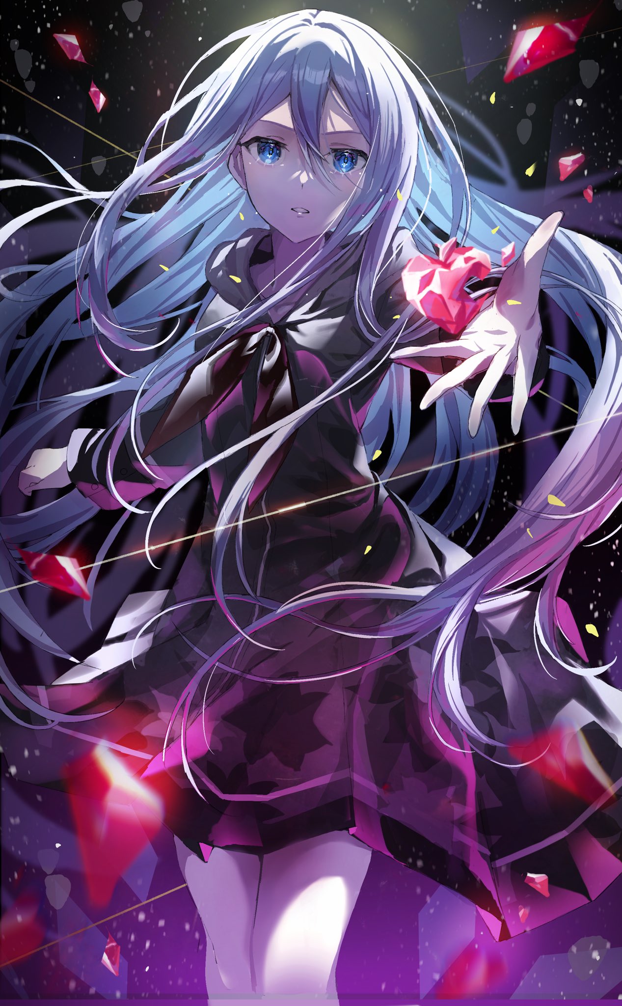 the image is a digital illustration of an animestyle girl with long, flowing light blue hair. she's wearing a dark purple dress with a black collar and bow. her eyes are a striking blue, and she has a somewhat serious or determined expression.  she appears to be holding or conjuring red, glowing crystals or gems, which are scattered around her in the dark purple background.  the overall atmosphere is magical and slightly mysterious. the style is reminiscent of character designs found in fantasy anime or video games.