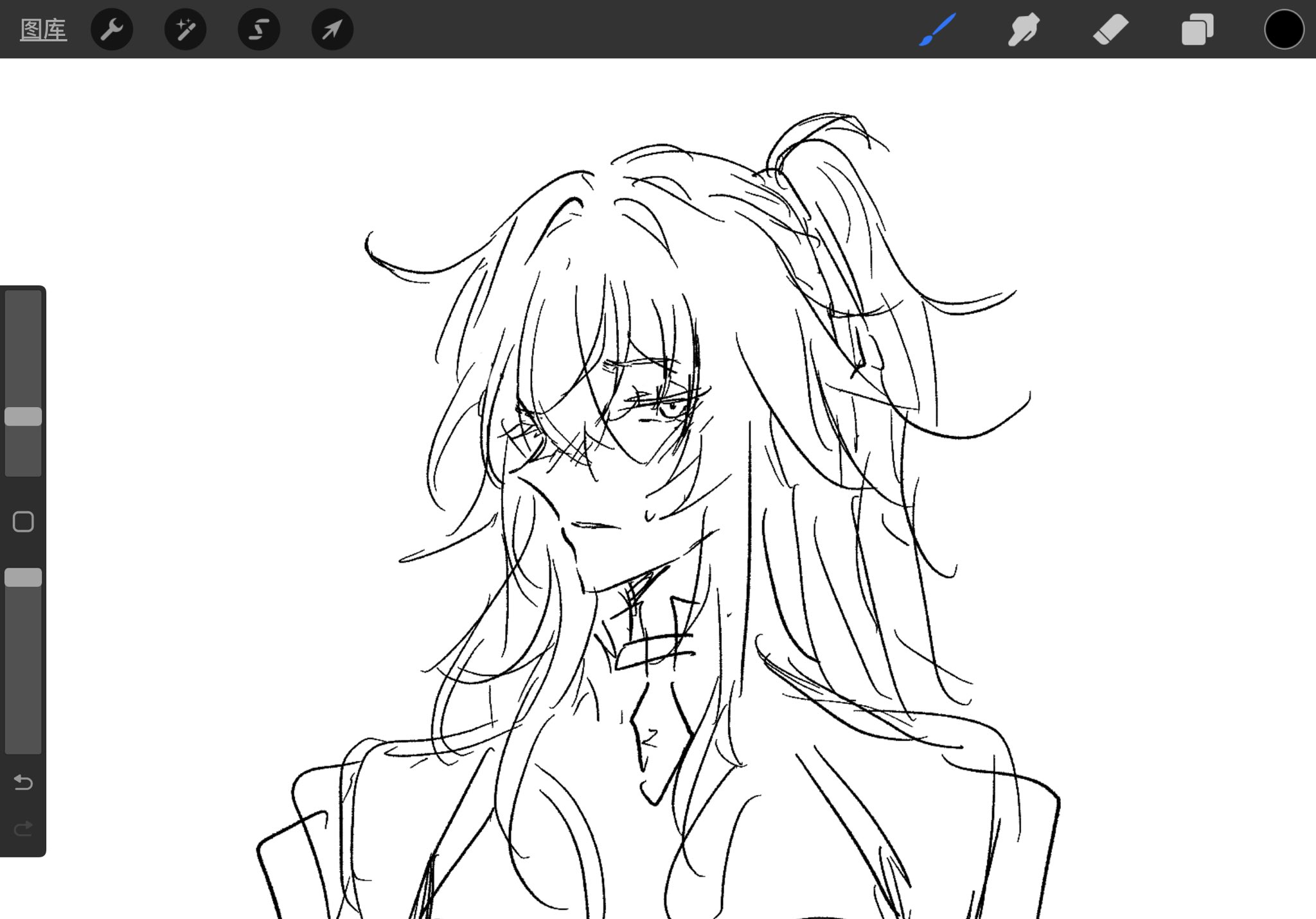 a line art drawing of a young anime girl with long hair tied up in a ponytail. she has a serious expression on her face and her eyes are closed. the drawing is done in black and white and is set against a white background. the lines are thin and delicate, giving the drawing a sense of movement and energy.