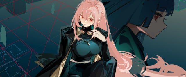 the image is a digital illustration of an animestyle female character with long, flowing pink hair and striking red eyes. she's dressed in a teal, cyberpunkinspired outfit consisting of a jacket and formfitting clothing.  she appears confident and stylish, adjusting something near her face. the background features a dark teal color scheme with a gridlike pattern suggesting a futuristic or digital setting. another, less prominent anime girl with dark blue hair is partially visible behind her, adding to the image's mysterious atmosphere. the overall style is sharp and detailed, indicative of professional digital artwork.