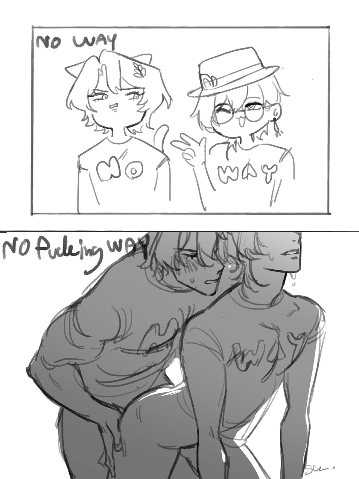 he image contains a twopanel comicstyle illustration. the top panel features two stylized animeesque characters, one with cat ears and the other wearing a hat and glasses, both wearing shirts that say "no way."  they appear to be playfully interacting. the bottom panel depicts a more intimate scene of two characters embracing in a hug, one behind the other, with their shirts obscuring most of the detail of the embrace.  the text "no public way" is present near the bottom panel. the overall style is a loose sketch with grayscale shading.