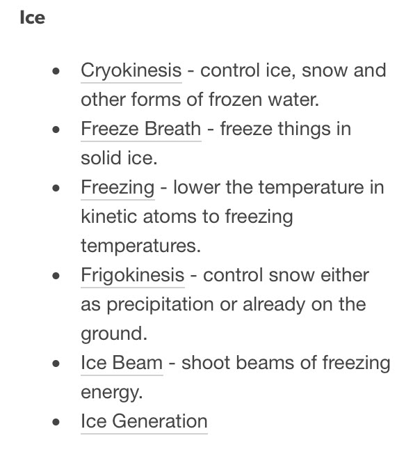 the image contains a list of icerelated abilities or powers, each with a brief description. the list includes cryokinesis, freeze breath, freezing, frigokinesis, ice beam, and ice generation.
