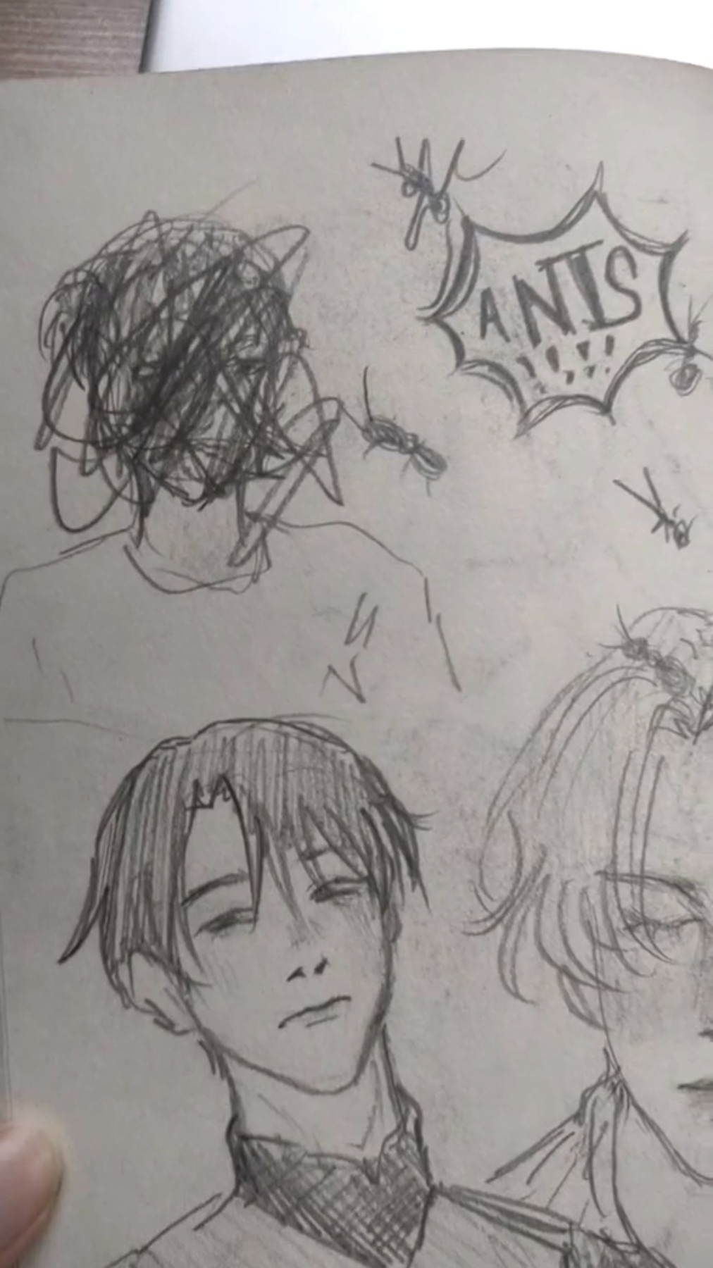 the image shows a page from a sketchbook with three character sketches. the top left sketch depicts a person with their head down, their hair a scribbled mess. the word "ants" is written in a speech bubble above them, surrounded by small drawings of ants. the bottom left sketch is a more detailed portrait of a person with short hair and a neutral expression. the right side of the image features a partial sketch of a person with longer hair pulled back, their facial features only partially rendered. all three sketches are drawn in graphite pencil on toned paper.