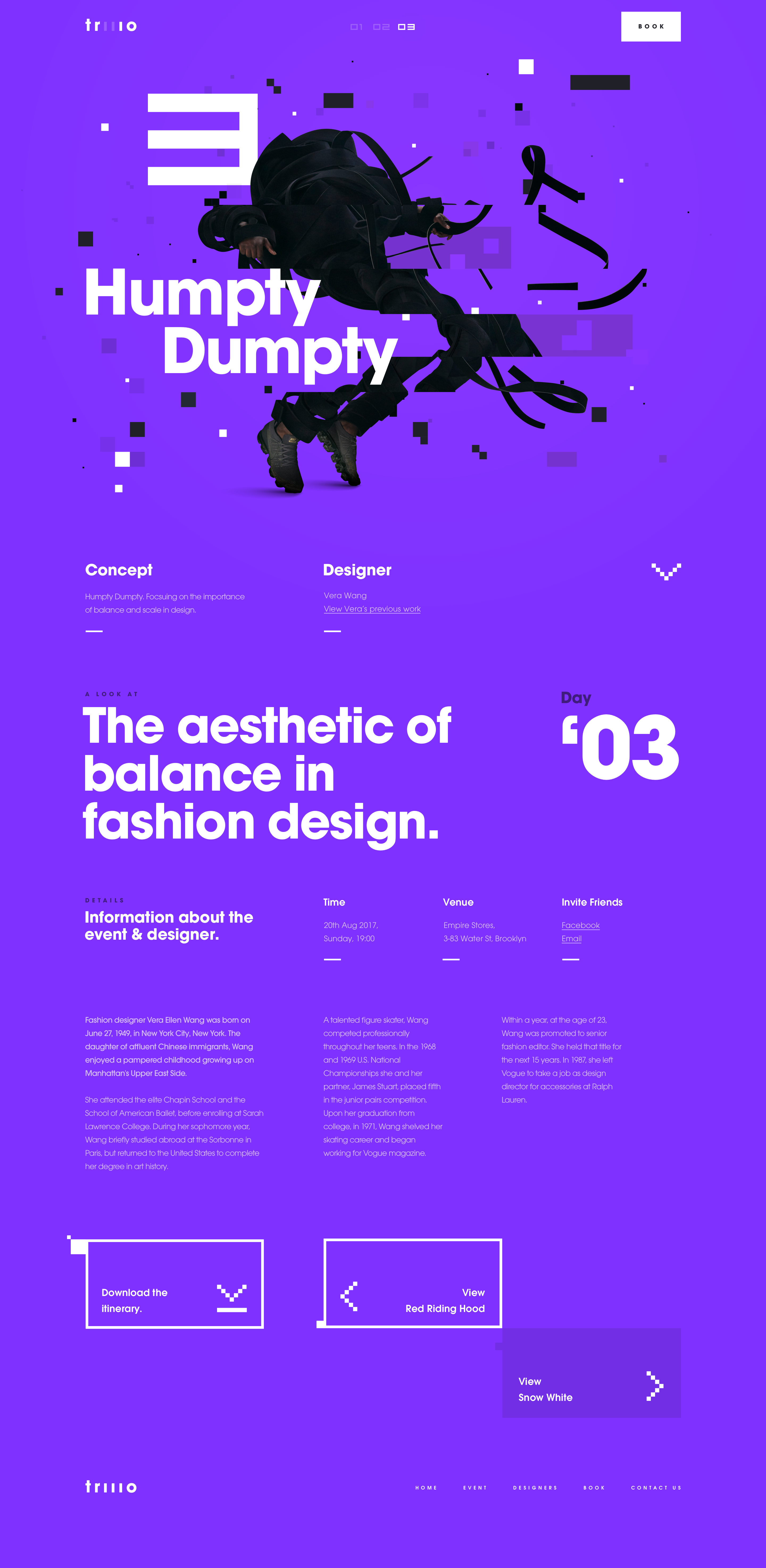 this is a poster for a fashion design event called "the aesthetic of balance in fashion design". the poster features a person in a black outfit and white text on a purple background. the poster also includes information about the event, including the day, time, and location.