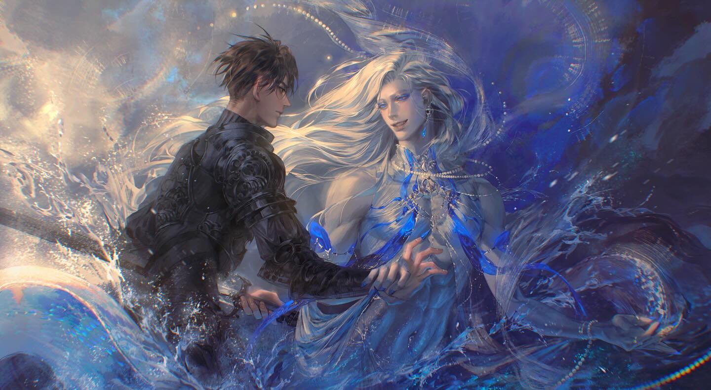 a knight with black hair and armor reaches out to a merman with flowing white hair and a shimmering blue tail. they are surrounded by splashing water and ethereal light, creating a sense of magic and romance. the knight wears dark, ornate armor, while the merman is adorned in flowing, light blue fabrics and pearls.