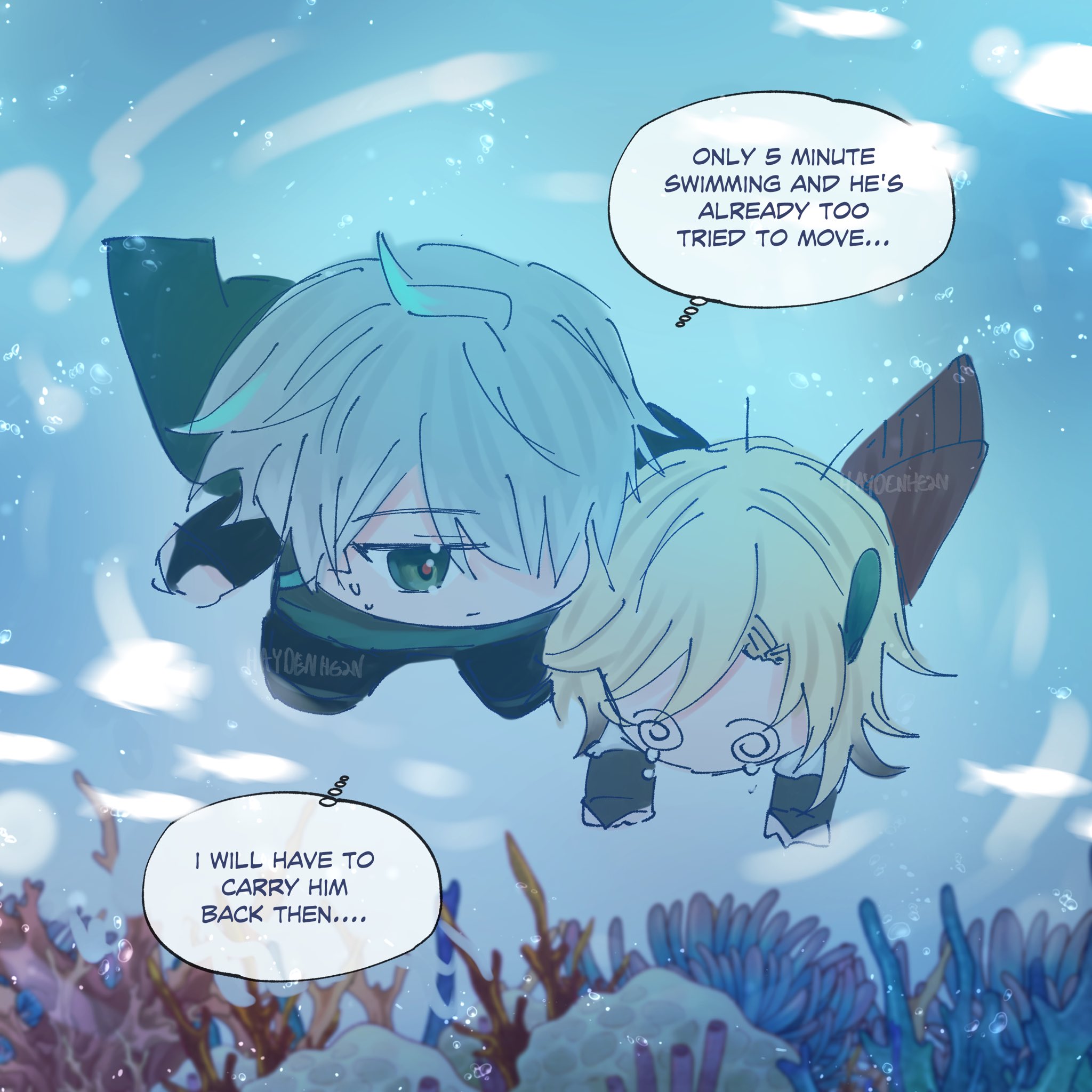 the image is a cartoon illustration of two characters swimming in the ocean. the characters are both male and in anime chibi style. the first character is a boy with green hair and a black shirt. he is looking down at the second character, who is a blond boy wearing a black shirt and a yellow vest. the second boy looks scared. both are surrounded by  blue coral. the image has a background that shows the ocean floor. there is a speech bubble above the first boy that says "only 5 minute swimming and he's already too tried to move..." and a speech bubble below the second boy that says "i will have to carry him back then...."  the image is welldrawn and cute.