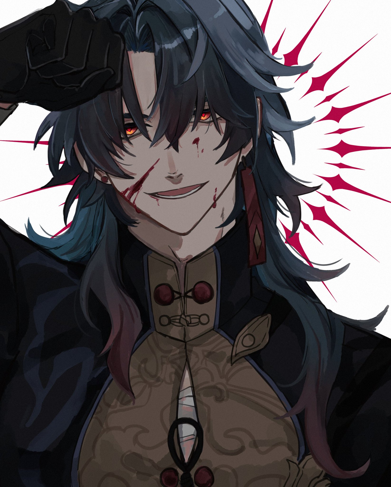 this is a digital art illustration of an anime male character. the character has long black hair, red eyes, and is wearing a black outfit with a dark gold, patterned chinese style shirt. the character is looking at the viewer and is smirking, with blood on his face. the background is white with a red, spiky burst of color on the right side. the image has a dark, edgy, and mysterious vibe.