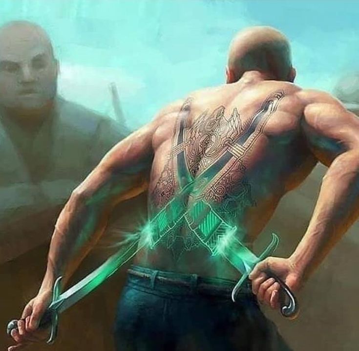 a man with a tribal tattoo across his back is depicted standing in a battle pose, with a sword in each hand.  the swords are glowing green and are reminiscent of swords from a fantasy game.  the warrior is looking fierce and determined.  behind him is a blurry image of a man who appears to be watching him.  the image is rendered in a digital art style.