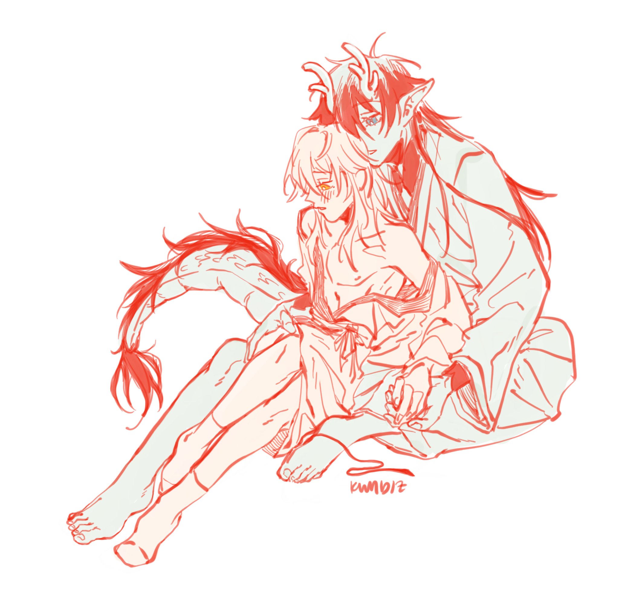 this is a drawing of a couple embracing each other. the male character has horns and a dragon tail. they are both dressed in traditional kimonolike clothing. the image is done in a manga style, with thin lines and soft shading. it has a romantic and fantastical feel.