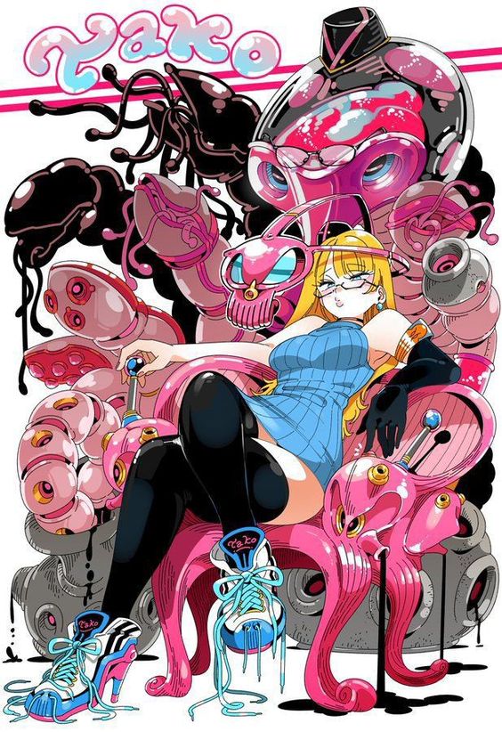 the illustration depicts a woman with blonde hair and a blue and white outfit sitting in a pink octopus chair. the chair is part of a larger robotic structure with a black octopuslike arm. the woman is wearing a pair of white sneakers with blue and pink accents. the woman is looking at the viewer with a neutral expression, and her left hand rests on a lever on the chair. the background is a white surface with some black lines. the title "tako" is visible at the top of the image.