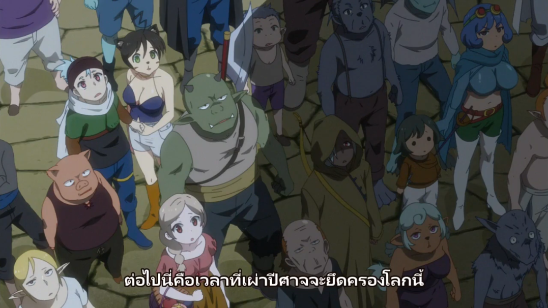 a group of anime characters stand in a crowd looking at something out of frame. the characters are various different species including human, orc, wolf, pig, and more. the scene appears to be taking place on a stone floor in a fantastical setting.