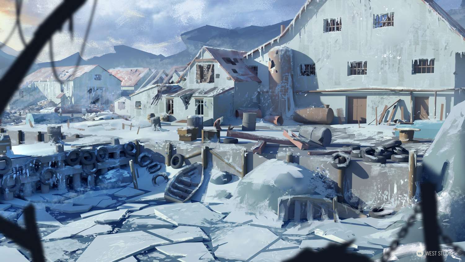 the image depicts an abandoned and dilapidated town in the throes of winter. the scene is blanketed in snow and ice, with a frozen lake dominating the foreground.  several buildings, seemingly abandoned and in disrepair, stand amidst the snowdrifts. brokendown boats and scattered debris litter the frozen landscape, adding to the sense of desolation. two distant figures can be seen, providing a hint of life in the otherwise deserted setting. the overall atmosphere is bleak and melancholic, accentuated by the soft light filtering through the overcast sky.