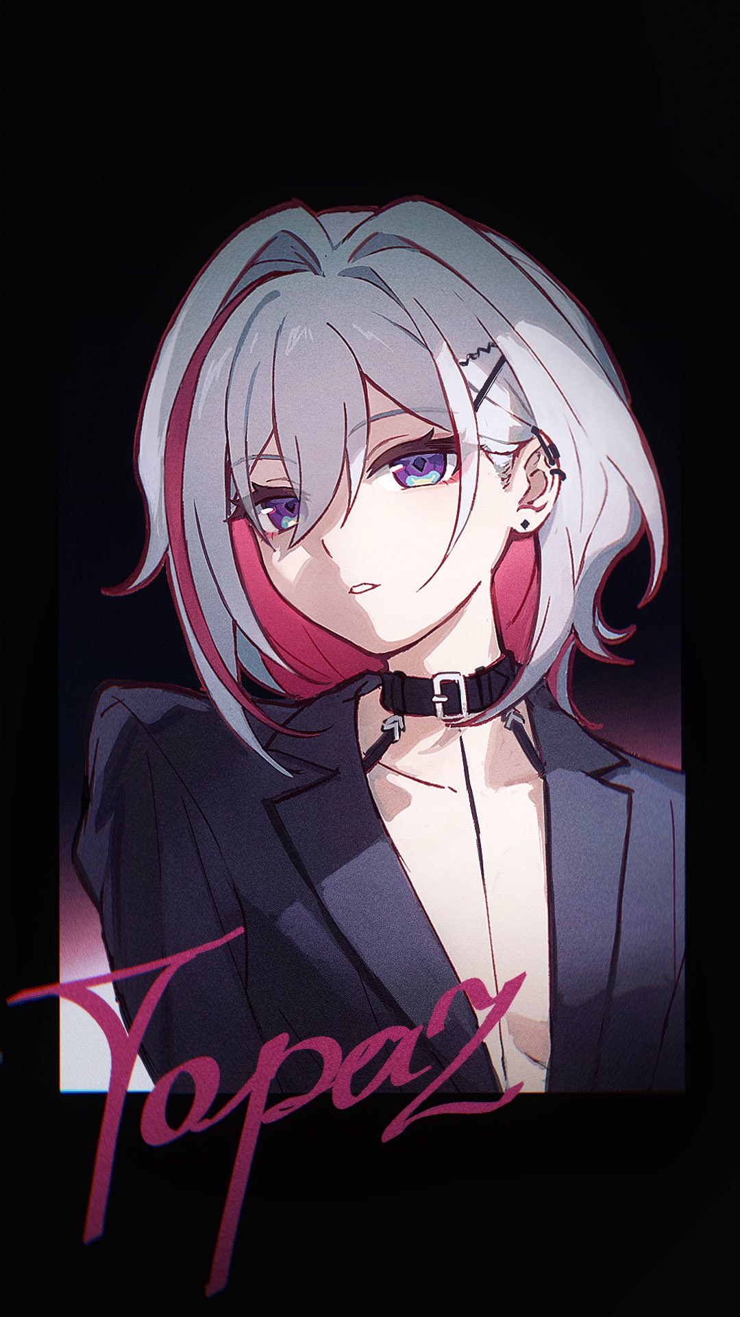 an animestyle illustration features a woman with silver hair that has pink highlights at the front. she has piercing purple eyes and wears a black choker. she is dressed in a dark business suit with an open front. she has a pierced ear and a small hair clip in her hair. the word "topaz" is written in a pink cursive font at the bottom left of the image. the background is black.