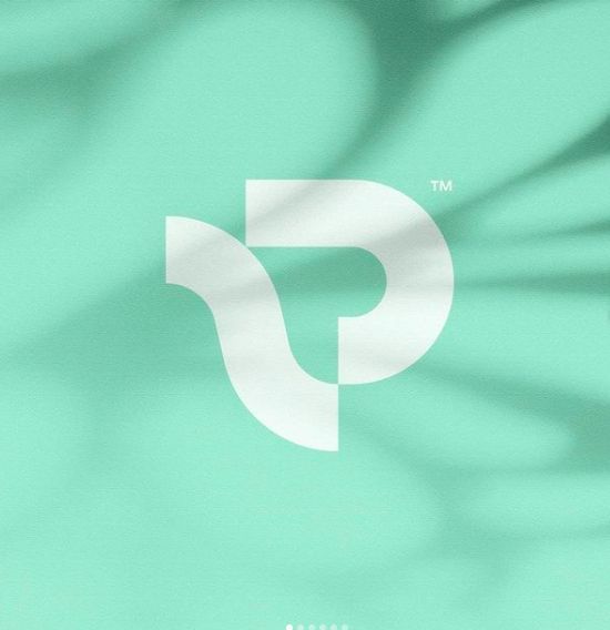 a white abstract logo on a teal background with leaf shadows.