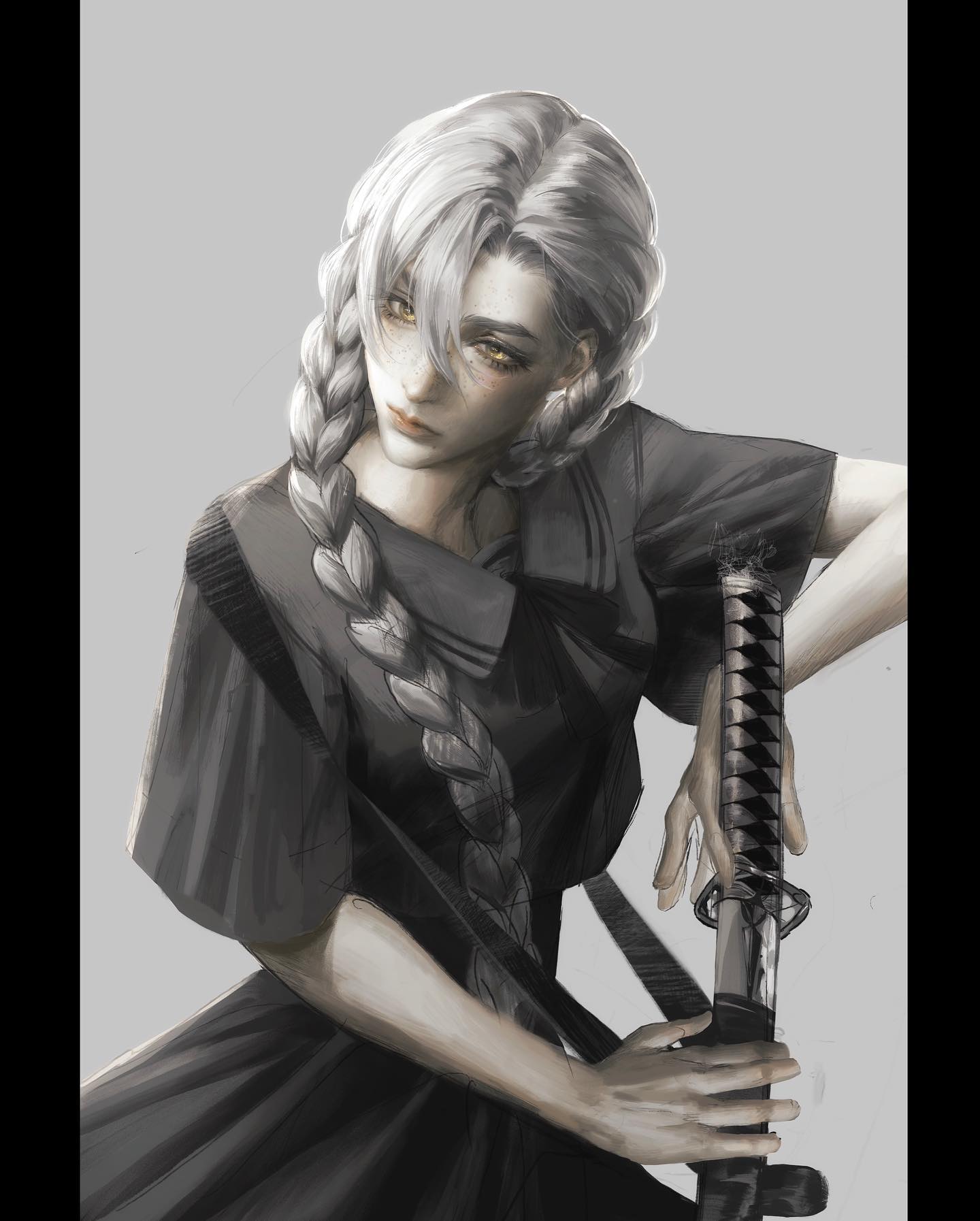 a drawing of an anime girl with white hair braided down her back. she is wearing a black dress and holding a katana sword. the background is grey.