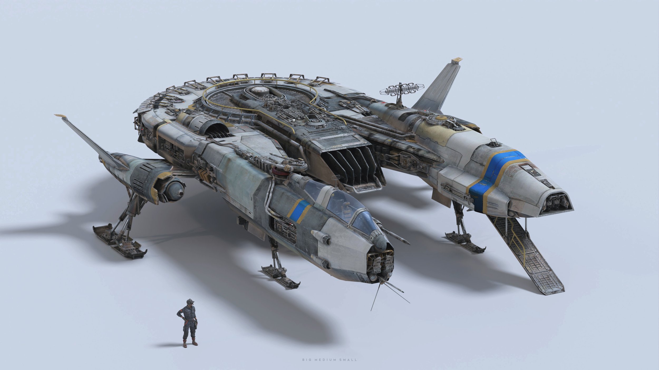 a detailed 3d rendering of a futuristic spaceship, possibly a concept design for a science fiction film or game. the spaceship is primarily light gray and offwhite with blue and gold accents. it's designed with a large central body with a circular engine and two smaller wings or pods extending towards the front. the wings have landing gear, skis, and a ramp. the spaceship is shown on a white background, with a small figure of a person standing below it to illustrate scale. the image appears to be a digital artwork created through 3d modeling software.  the style suggests a weathered or wellused spacecraft.