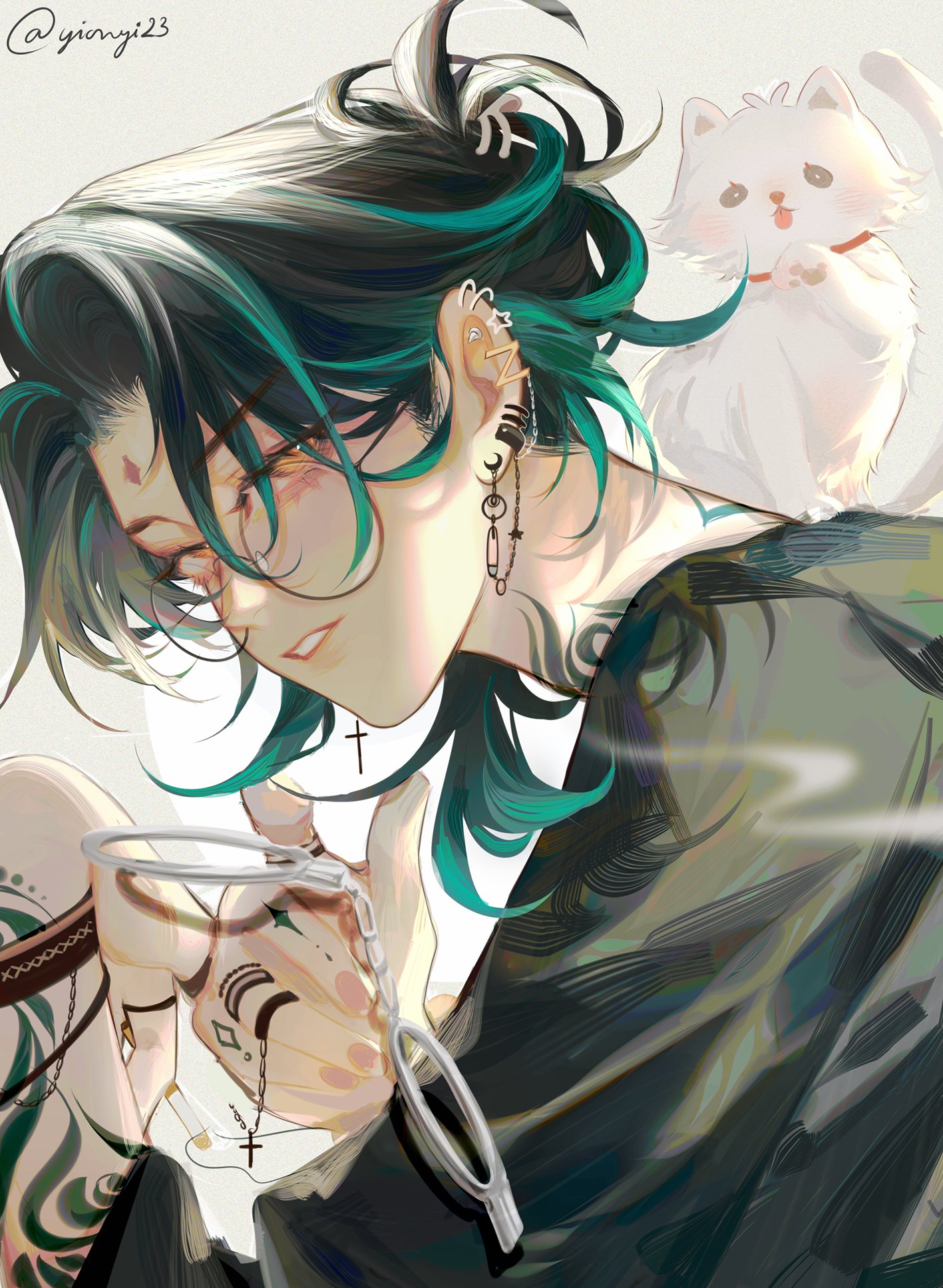 he image is a digital illustration or painting in an anime style. it depicts a young man with long, tealstreaked black hair styled in an updo. he's wearing glasses, numerous piercings (earrings and possibly a nose piercing), several necklaces including one with a cross, and tattoos. he has a somewhat androgynous appearance. he's dressed in dark clothing that appears to be a long coat or jacket. his expression is somewhat pensive or melancholic. a small white cat is visible in the background, near his shoulder. the style is highly detailed, with soft shading and highlights that give it a painterly quality. the overall mood is stylish, somewhat mysterious, and emotionally resonant.
