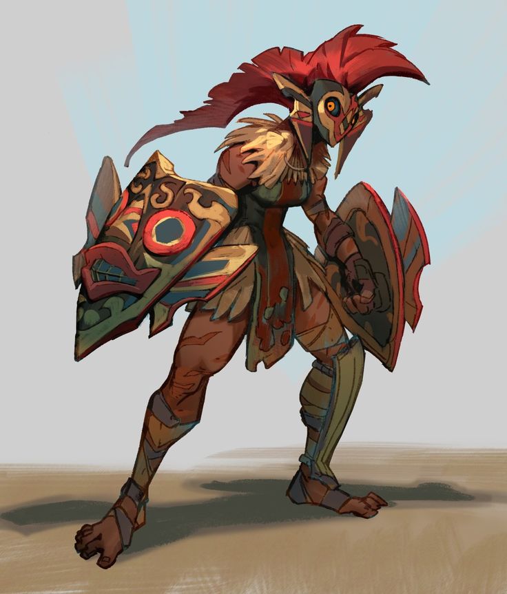 the image showcases a digital painting of a female fantasy warrior.  she is powerfully built, with reddishbrown skin and vibrant red hair styled in a mohawklike fashion.  she wears a mask that resembles a stylized face,  tribalinspired armor, and carries two large shields adorned with intricate designs. one shield features a prominent circular motif. her armor is a mix of tanned leather and metallic elements, and there are visible details suggesting wear or battle damage. the background is a simple, muted sandy landscape that emphasizes the figure.  the overall style is evocative of concept art for a video game or fantasy book. the painting style is somewhat painterly and has a slightly rough texture.